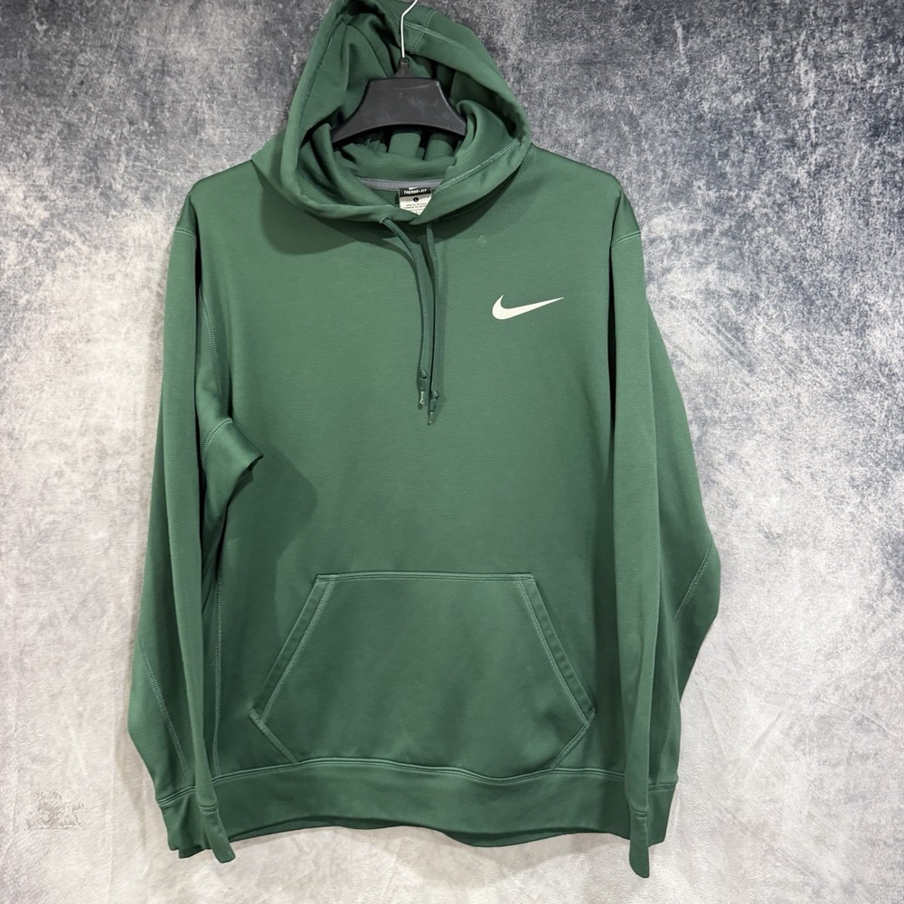 Nike Therma-FIT Men's Large Green Pullover Hoodie White Swoosh Athletic